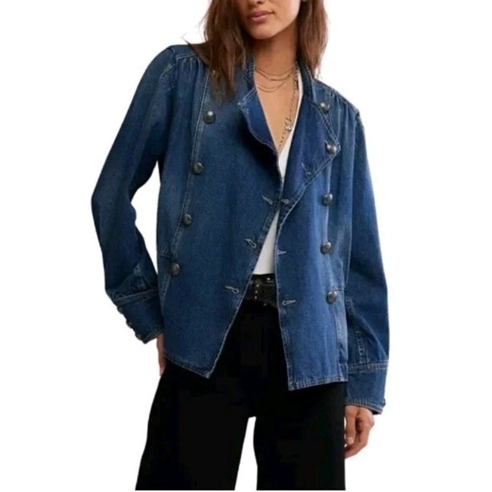 We The Free Imogene Double Breast Denim Jacket Womens L Blue Crest Buttons Boho